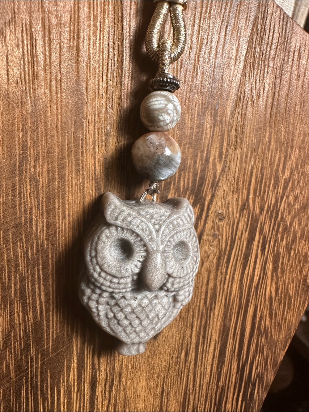 Alashan Agate Owl Pendant Necklace with Sunstone and Coral Fossil on Rope - Picture 6 of 12
